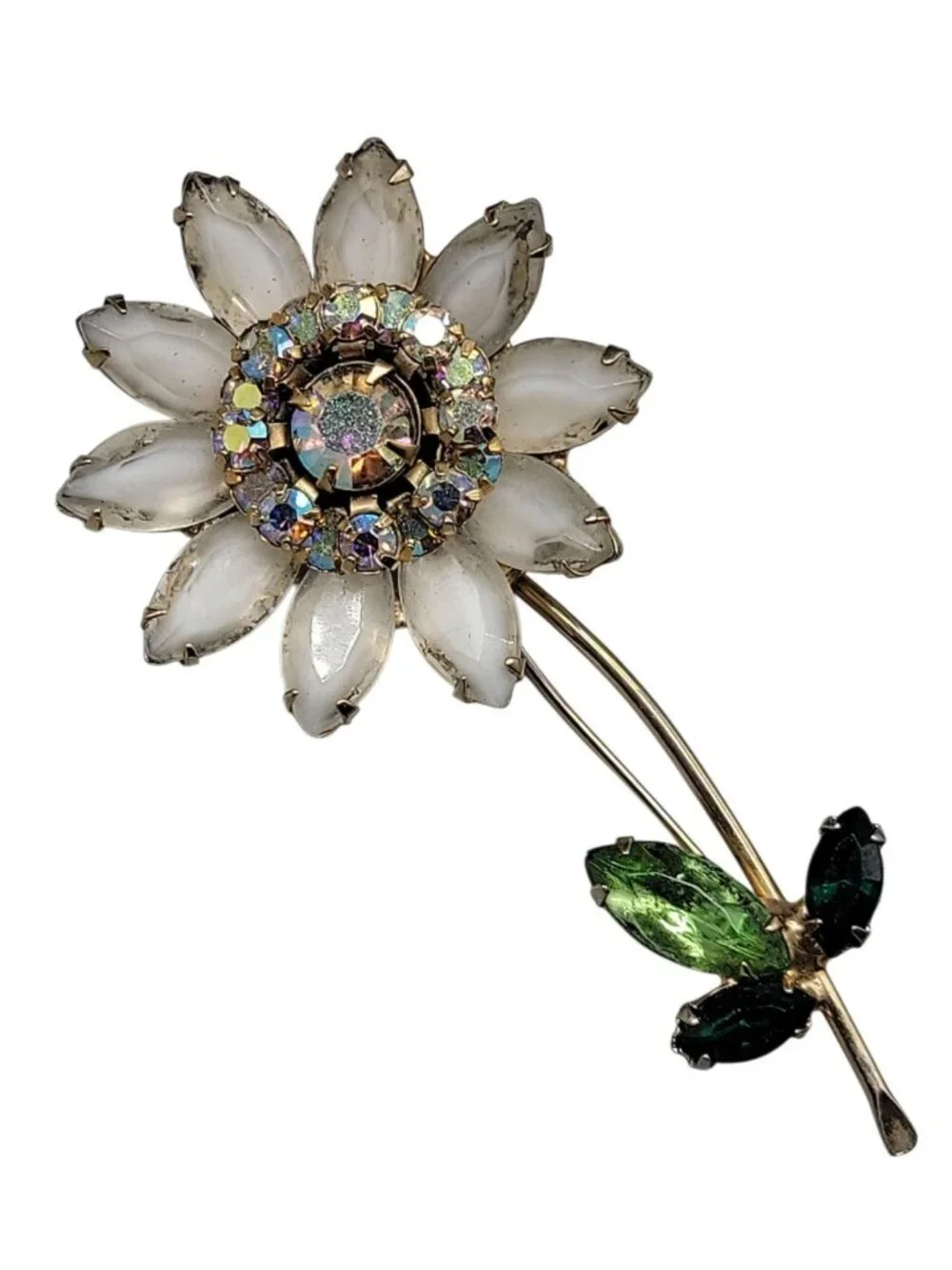 Juliana Daisey Flower Brooch Vintage D & E White Green AB Rhinestones Gold Tone